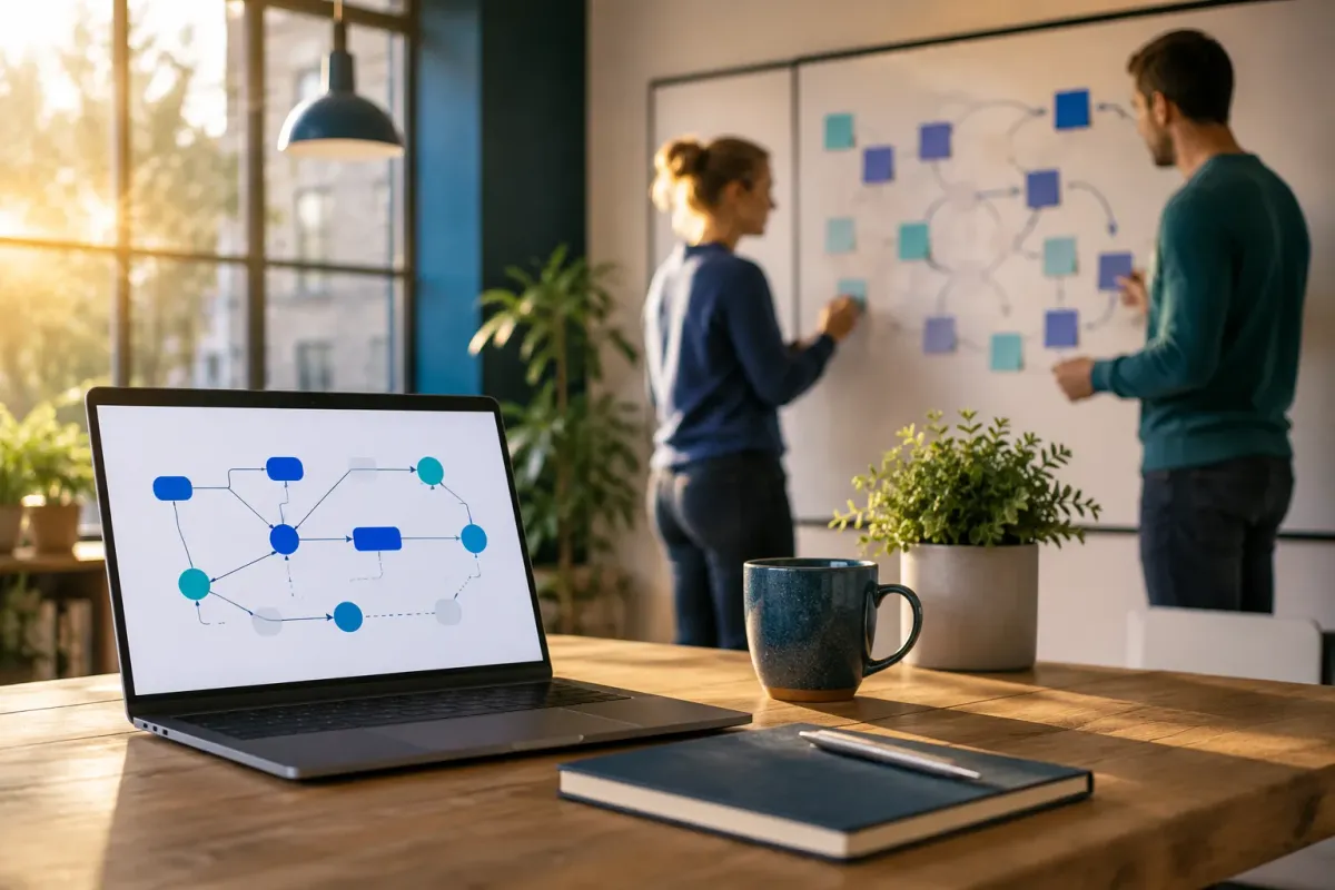 Ondernemer werkt op een laptop aan een schema van een AI-workflow