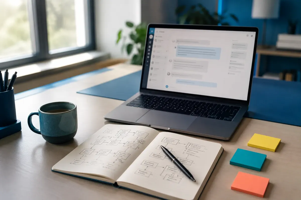 Bureau met laptop, notitieboek en gekleurde memo-briefjes voor promptsoorten