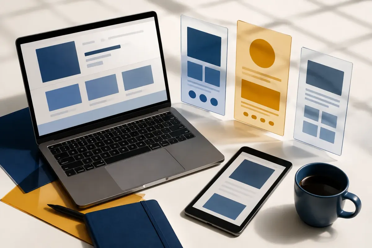 Bureau van bovenaf met een laptop, een tablet en drie zwevende panelen met verschillende website-ontwerpen