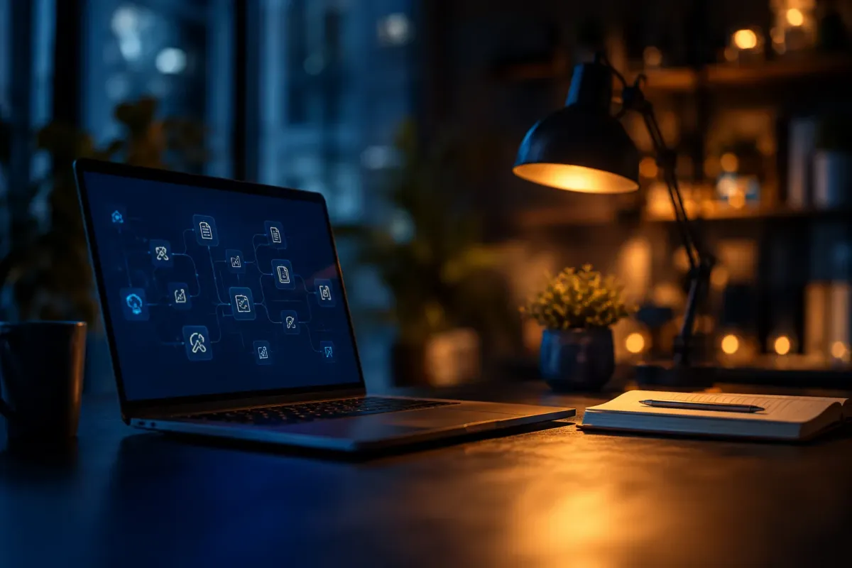 Bureau met een laptop waarop losse bouwblokken in een gereedschapskist worden geschoven