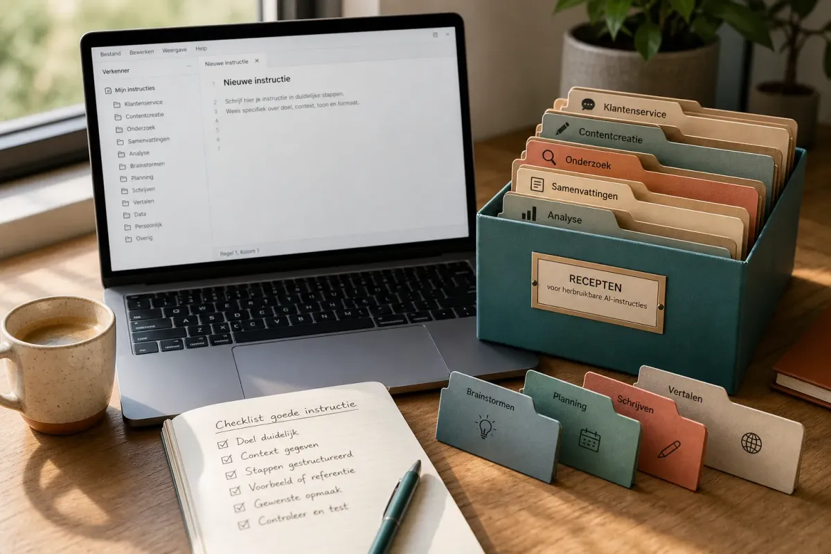 Bureau met laptop en een kaartenbak met herbruikbare instructies