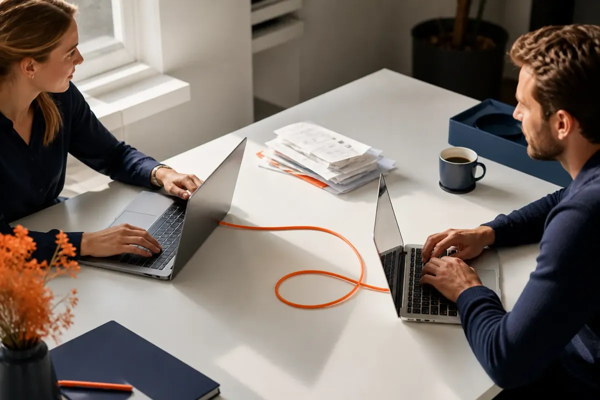Twee laptops op een bureau die met één kabel aan elkaar hangen, naast een stapel facturen