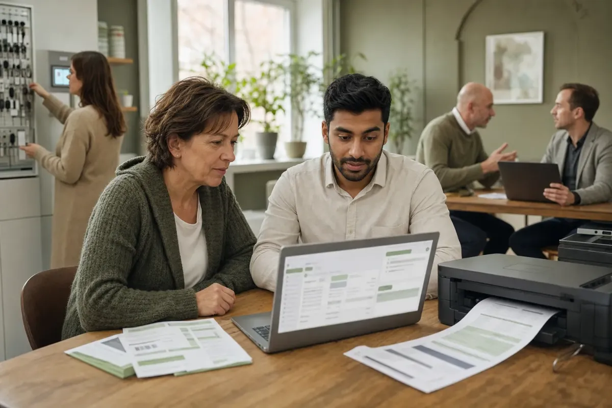 Ondernemer en boekhouder bekijken samen een e-factuurkoppeling op een laptop