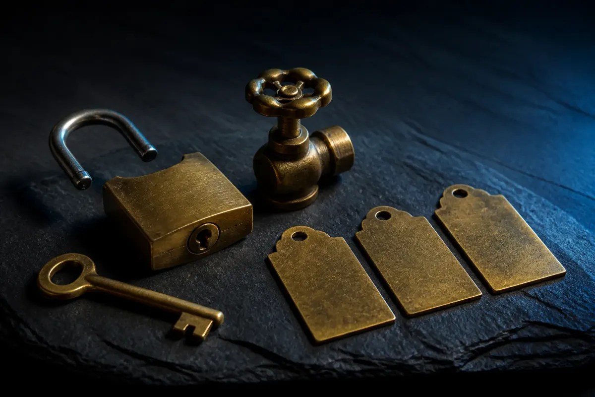 Sleutel, open hangslot en genummerde labels als beeld voor het beheren van API-sleutels