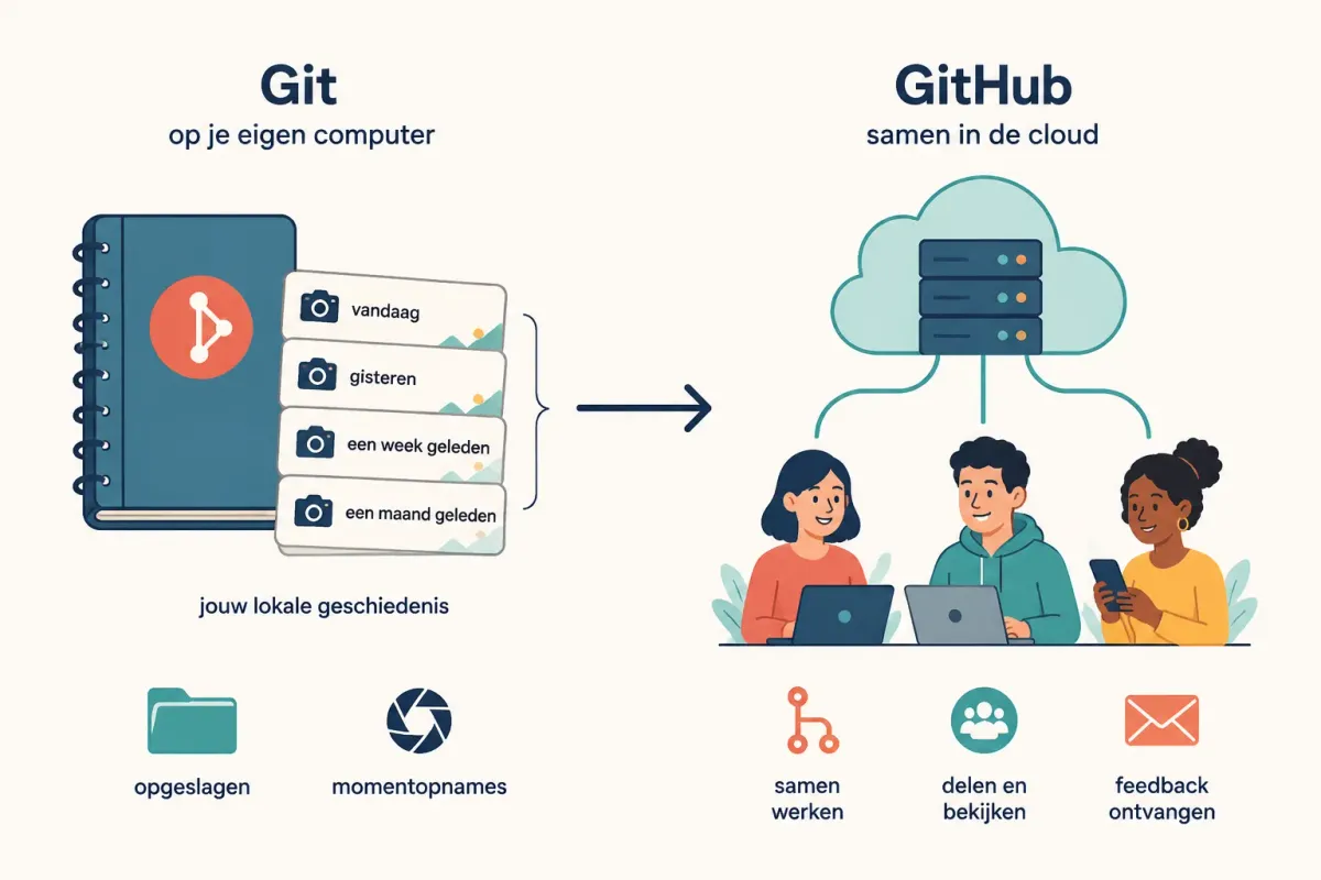 Illustratie die het verschil tussen Git en GitHub uitlegt