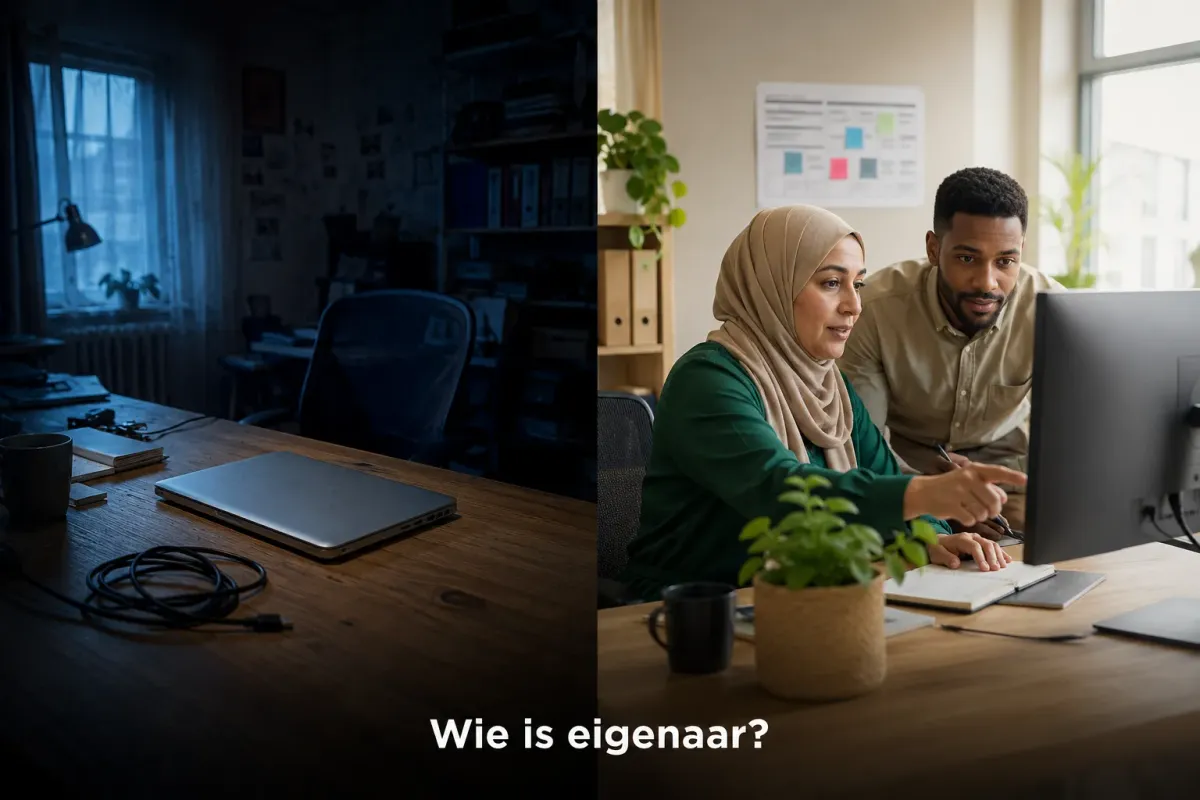 Verlaten bureau van een freelancer naast een team dat samen aan een scherm werkt