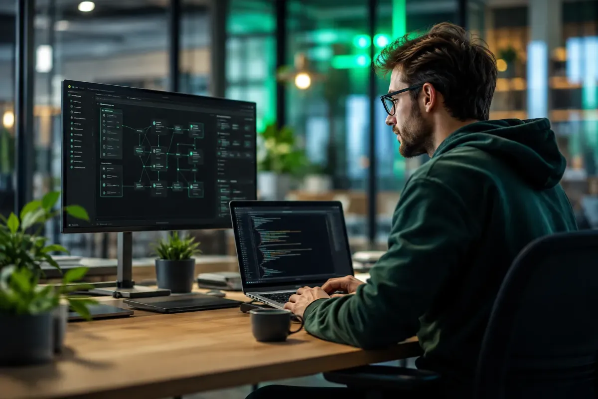 Ontwikkelaar werkt aan een applicatie met een database-overzicht op het scherm