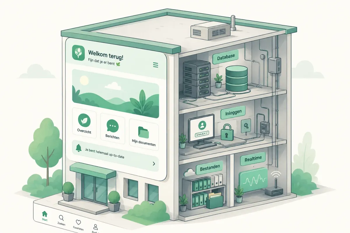Illustratie van de onderdelen achter een app: database, inloggen, bestanden en realtime