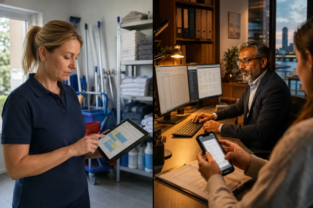 Een poetsvrouw bekijkt haar planning op een tablet, naast een boekhouder die klantdocumenten ontvangt