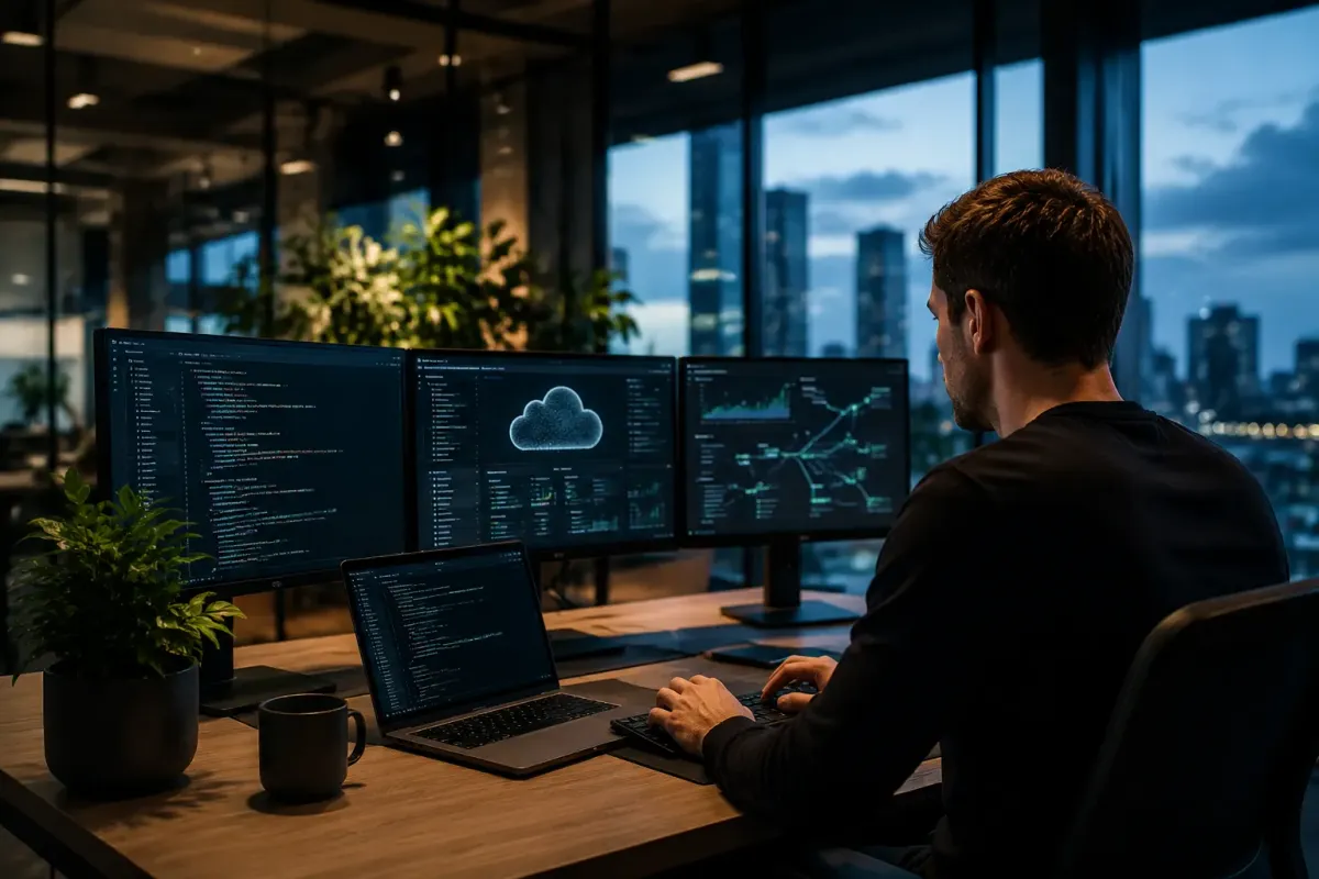 Werkplek met meerdere schermen waarop een website en de statistieken ervan te zien zijn
