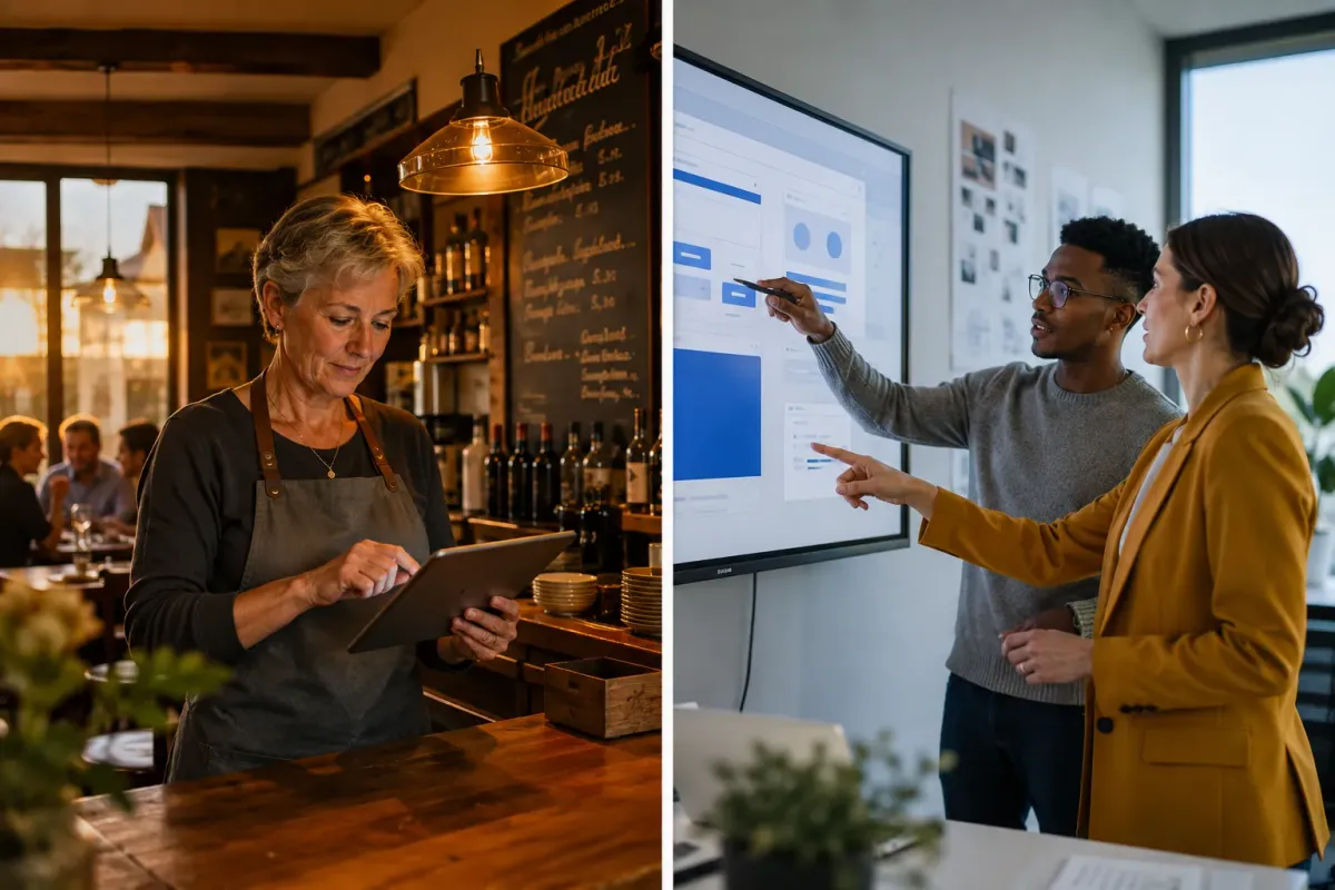 Restauranthouder past zelf de menukaart aan op een laptop