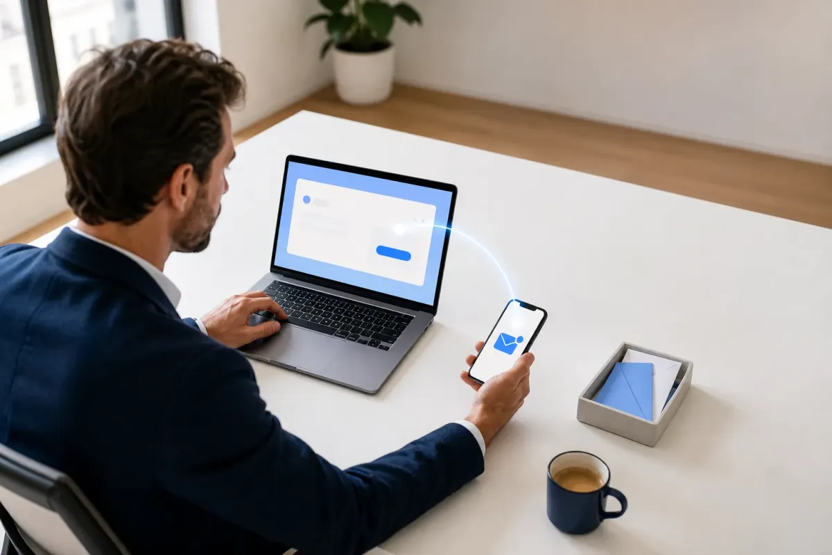 Bureau met laptop en telefoon waarop een nieuwe aanvraag binnenkomt