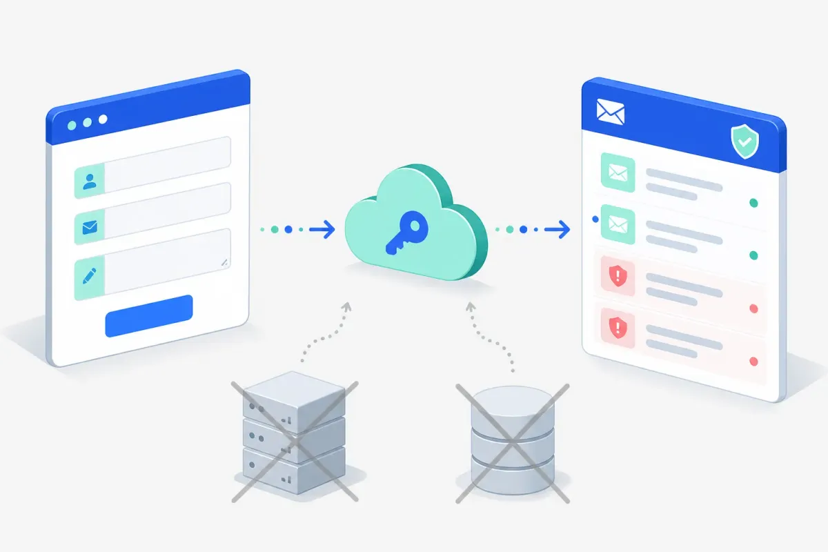 Schema van een contactformulier dat via een tussendienst rechtstreeks in een mailbox belandt, zonder server of database