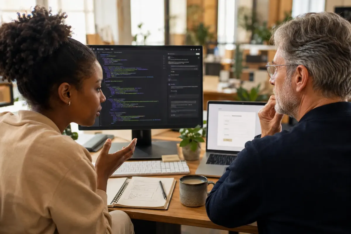 Ondernemer en webbouwer kijken samen naar een scherm met een code-editor en een pas gebouwd contactformulier