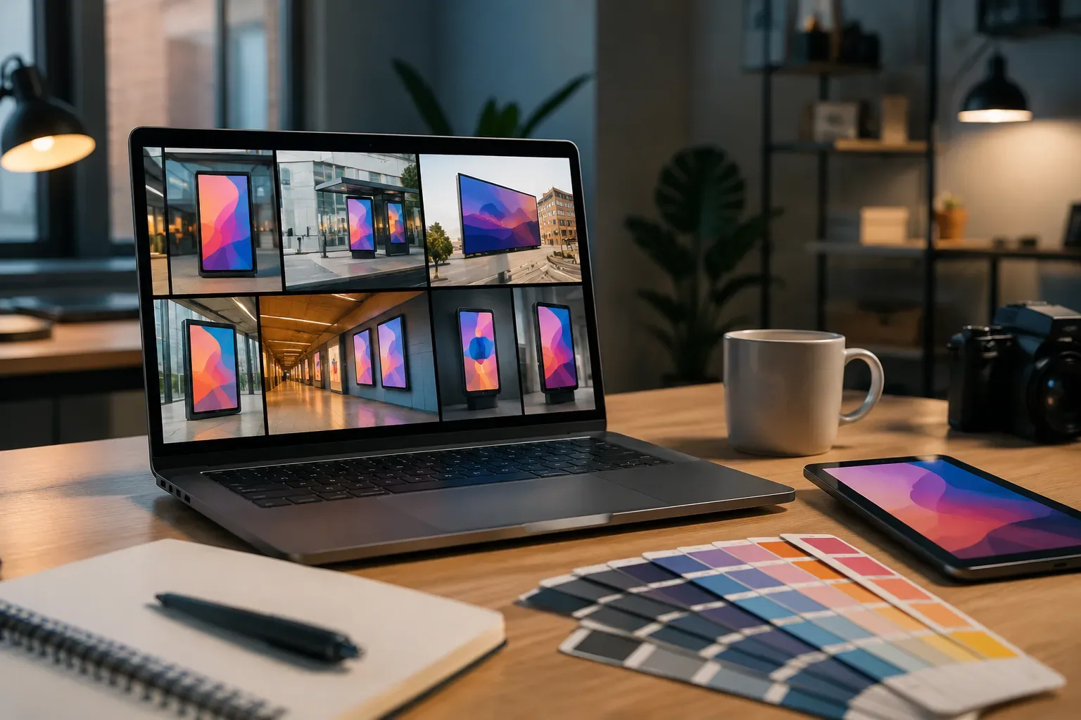 Modern bureau met notitieblok en koffie in gedempt licht