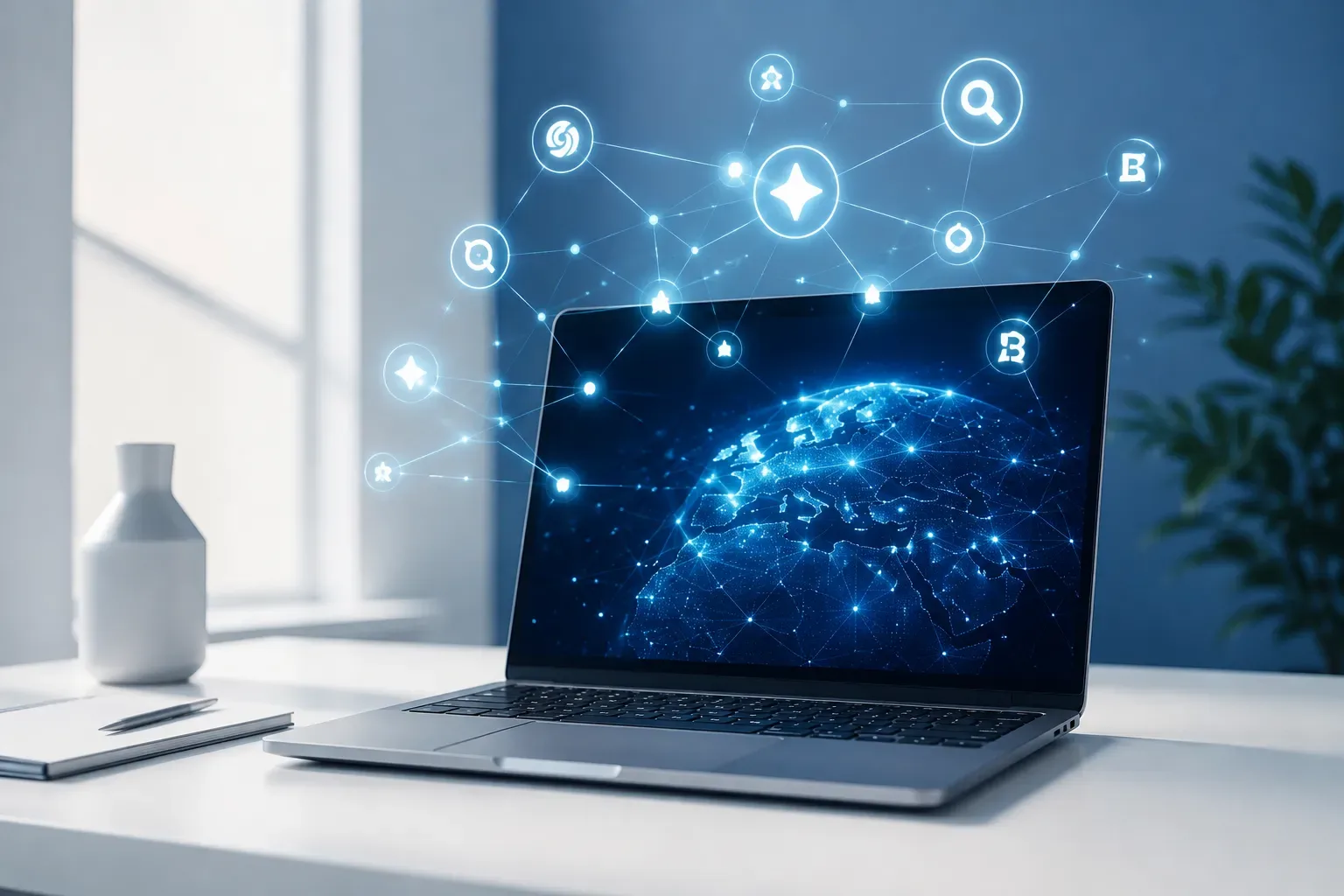 Sleek laptop on a minimalist white desk with a soft blue and white color palette, abstract glowing network nodes floating