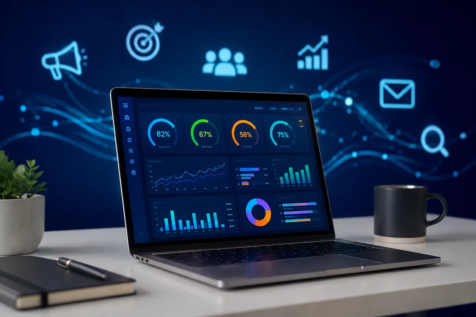 Surrounded by minimalist marketing icons and abstract data flow lines in deep navy blue and electric teal, soft directional