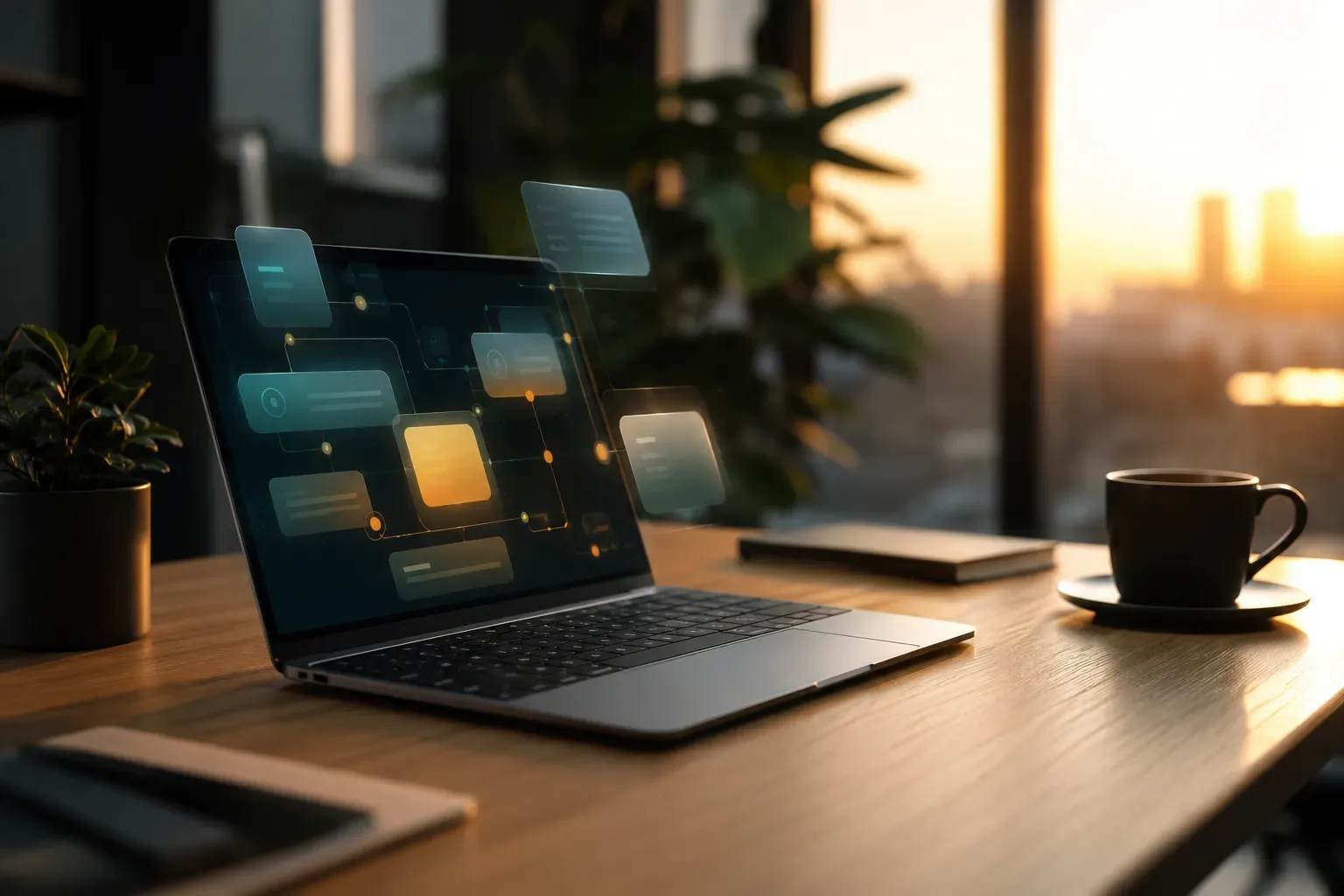Minimalistisch bureau bij avondlicht met een laptop waarop losse app-onderdelen aan elkaar geknoopt worden