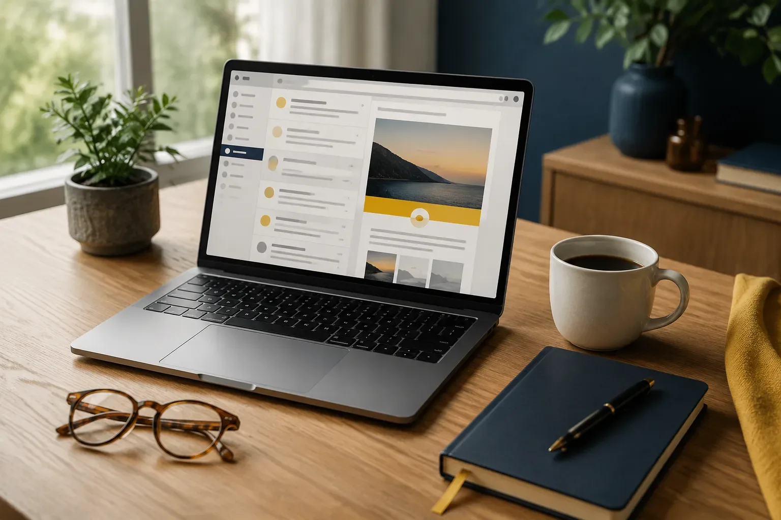 Rustige ochtendwerkplek met laptop, koffie en een leesbril