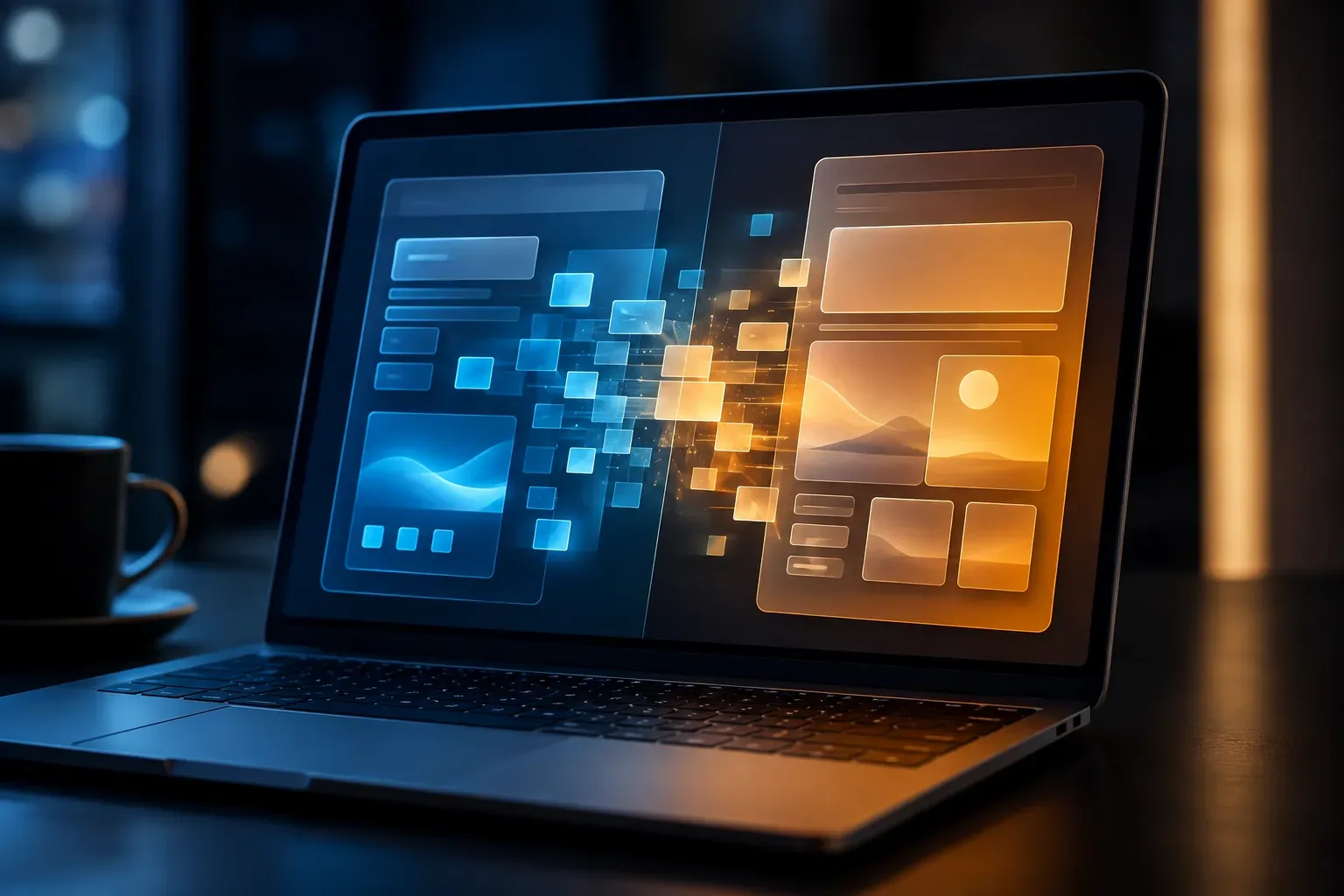 Close-up van een laptopscherm waarop een webapplicatie uit zwevende blokken wordt opgebouwd