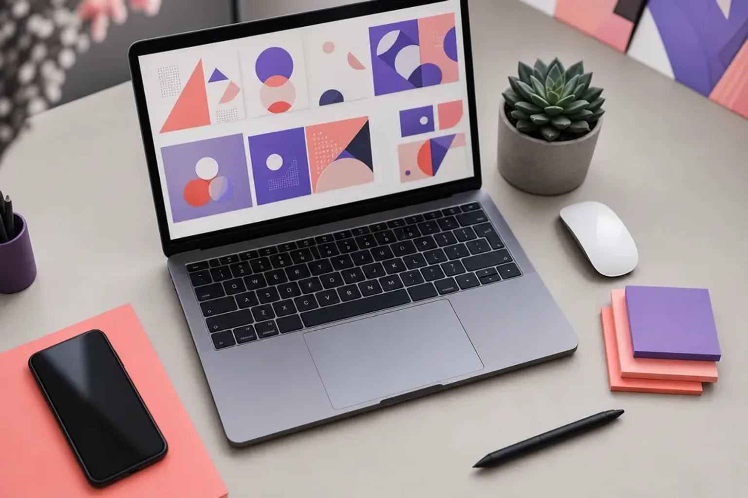 Laptop met een ontwerptool en AI-functies op een opgeruimd bureau
