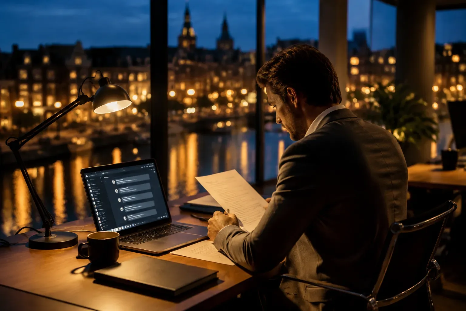 Laptop met een AI-chatinterface op een bureau in een modern Nederlands kantoor bij schemering