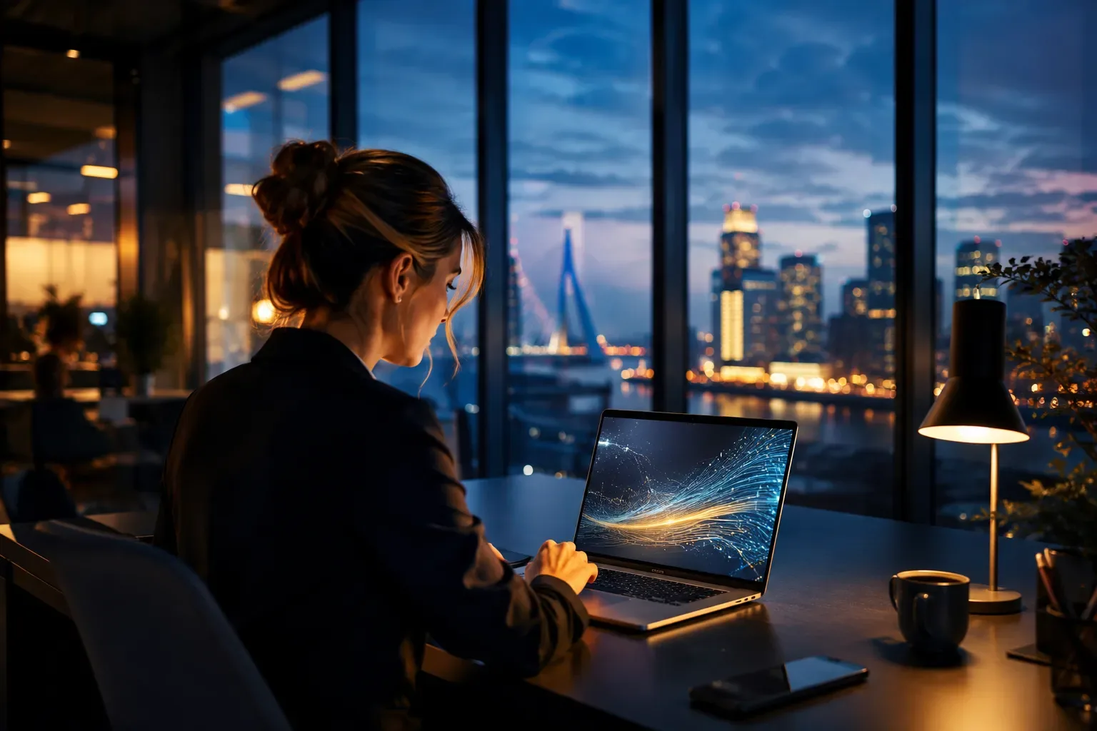 Laptop met een AI-assistent op een bureau in een modern Nederlands kantoor