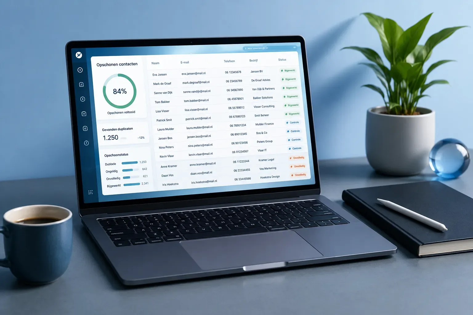 Studio product hero shot, soft blue and white color palette with subtle green accents, flat-lay composition with a notebook
