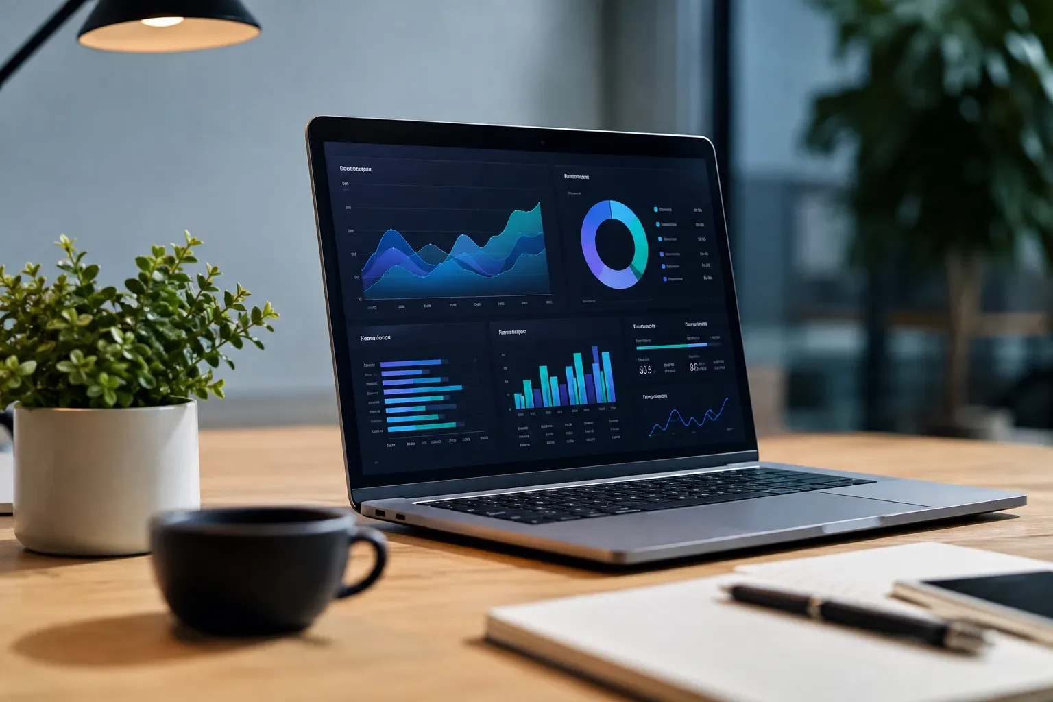 Landscape photograph of a clean modern desk workspace with a laptop displaying colorful content analytics dashboard charts