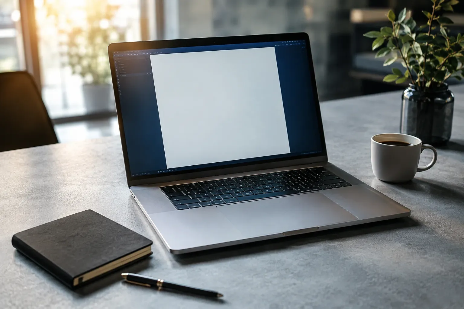 Werkplek van een tekstschrijver met laptop, notitieblok en koffie