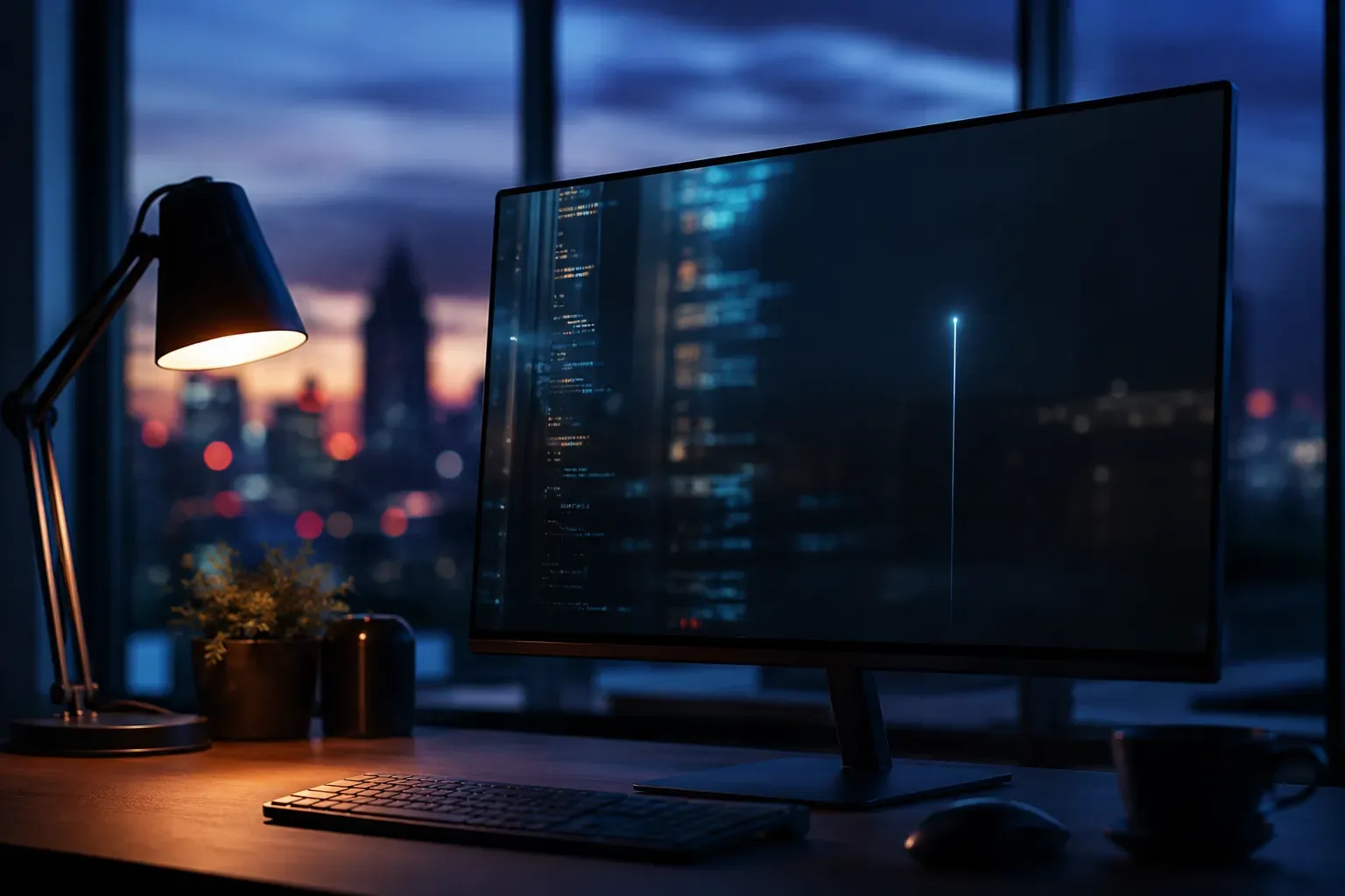 Donkere werkplek met een monitor waarop vage codestructuren en een lichtgevende cursor te zien zijn