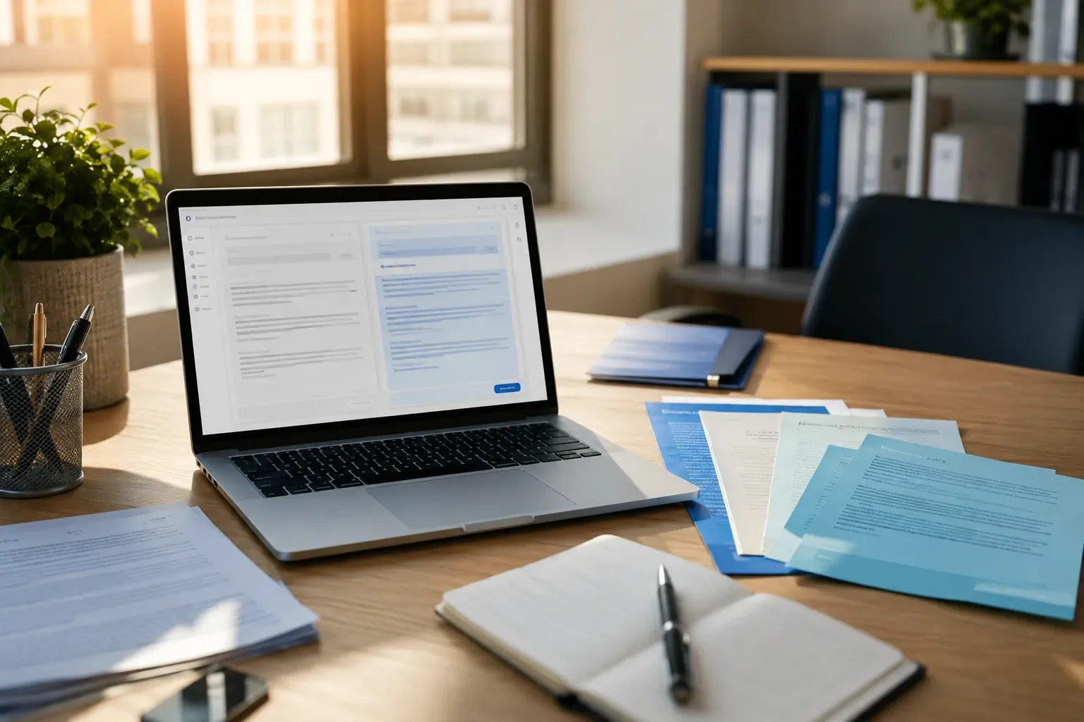 Bureau in een Europees kantoor met laptop en documenten in meerdere talen