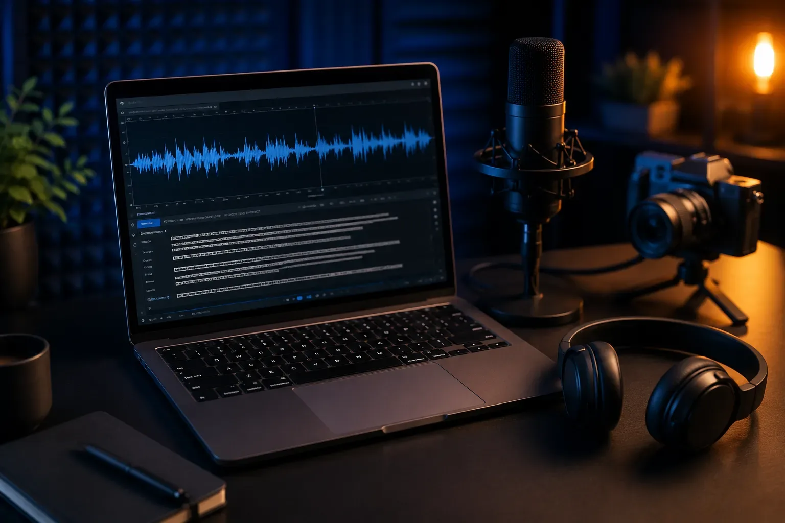 Laptop met een video- en podcasteditor op het scherm in een studio