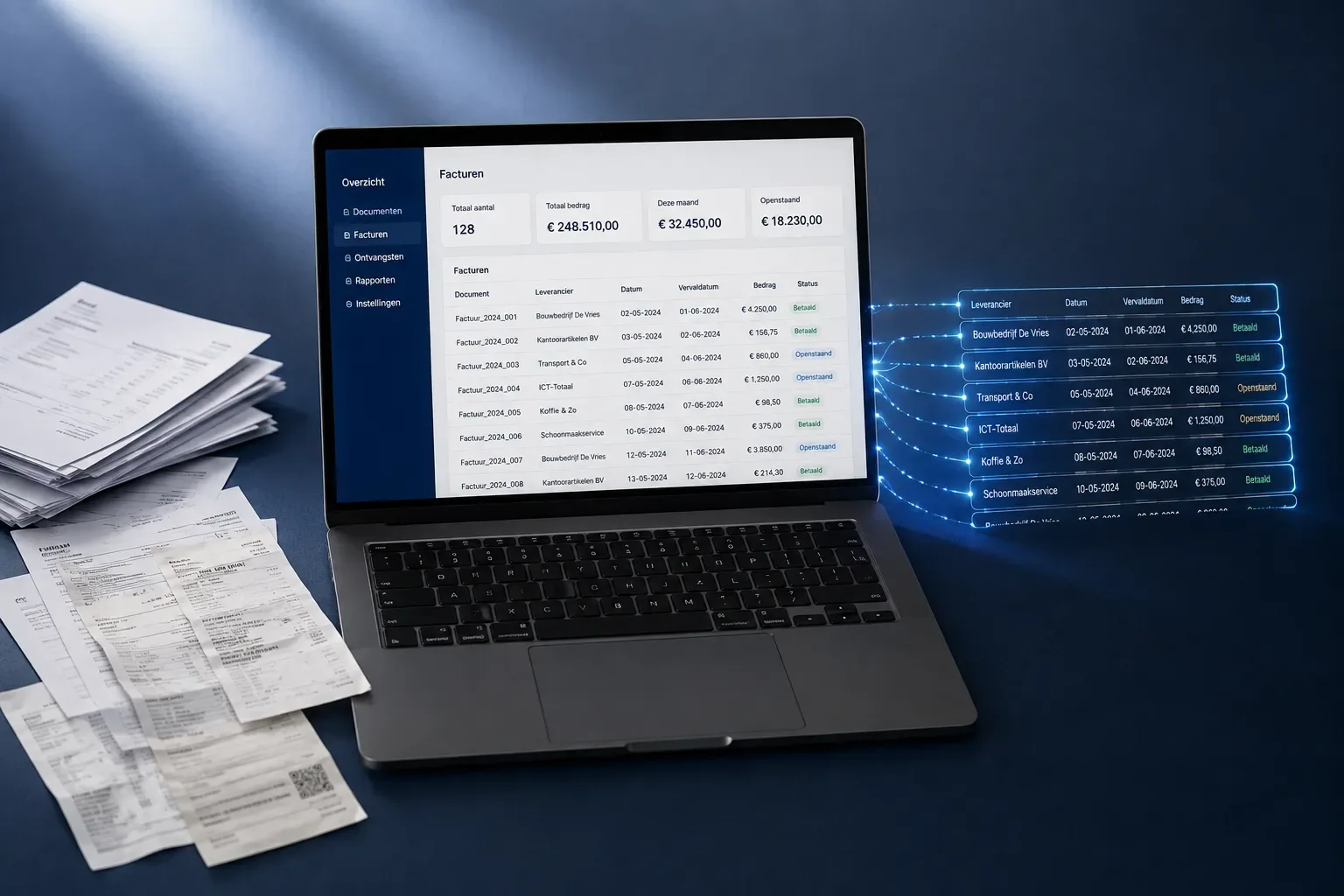 Studio product hero aesthetic, surrounded by scattered paper invoices and receipts being digitally transformed into glowing