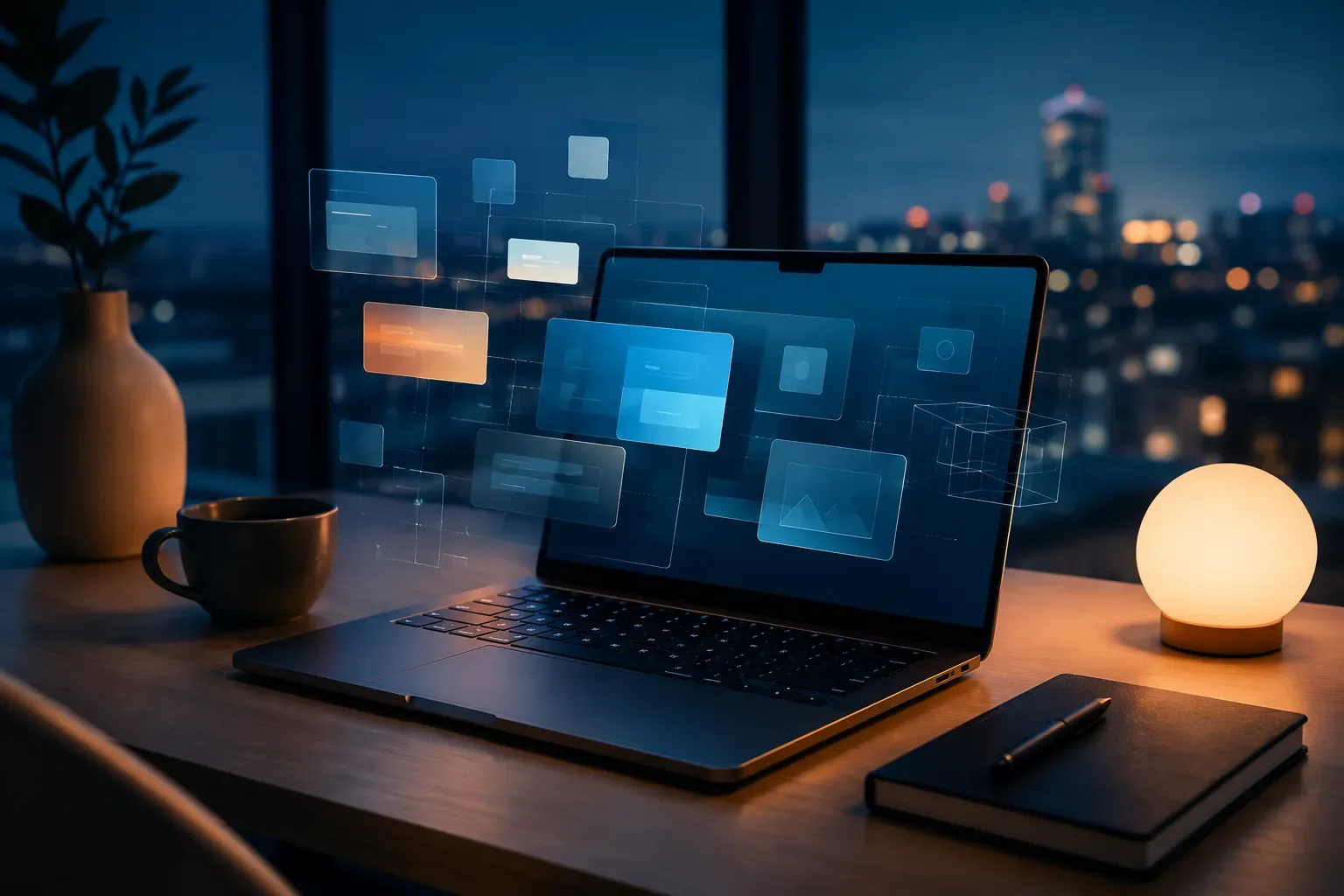 Bureau bij blauw uur met een laptop waarop een app uit doorschijnende panelen wordt samengesteld