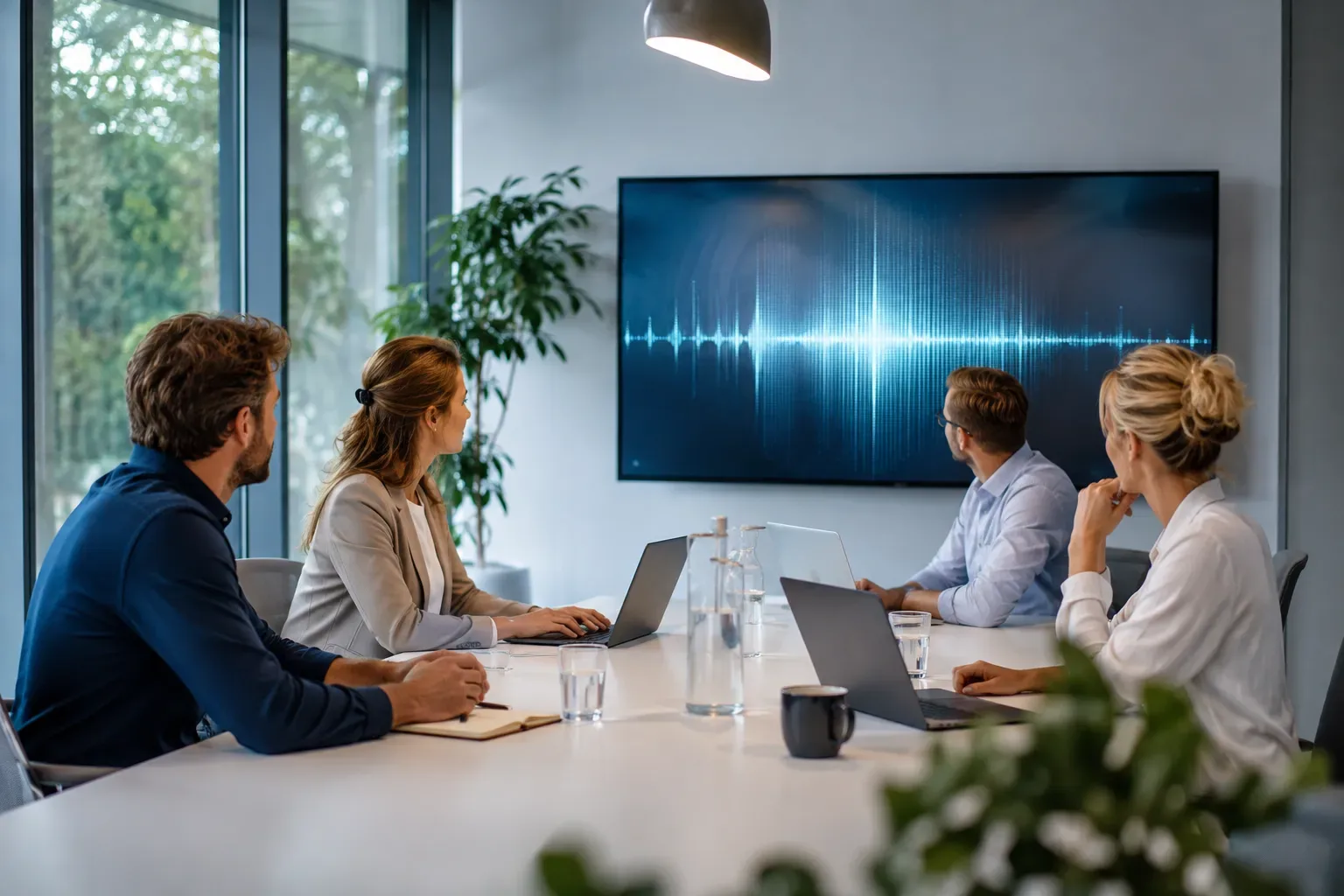 Online vergadering op een laptop met een notitieblok ernaast