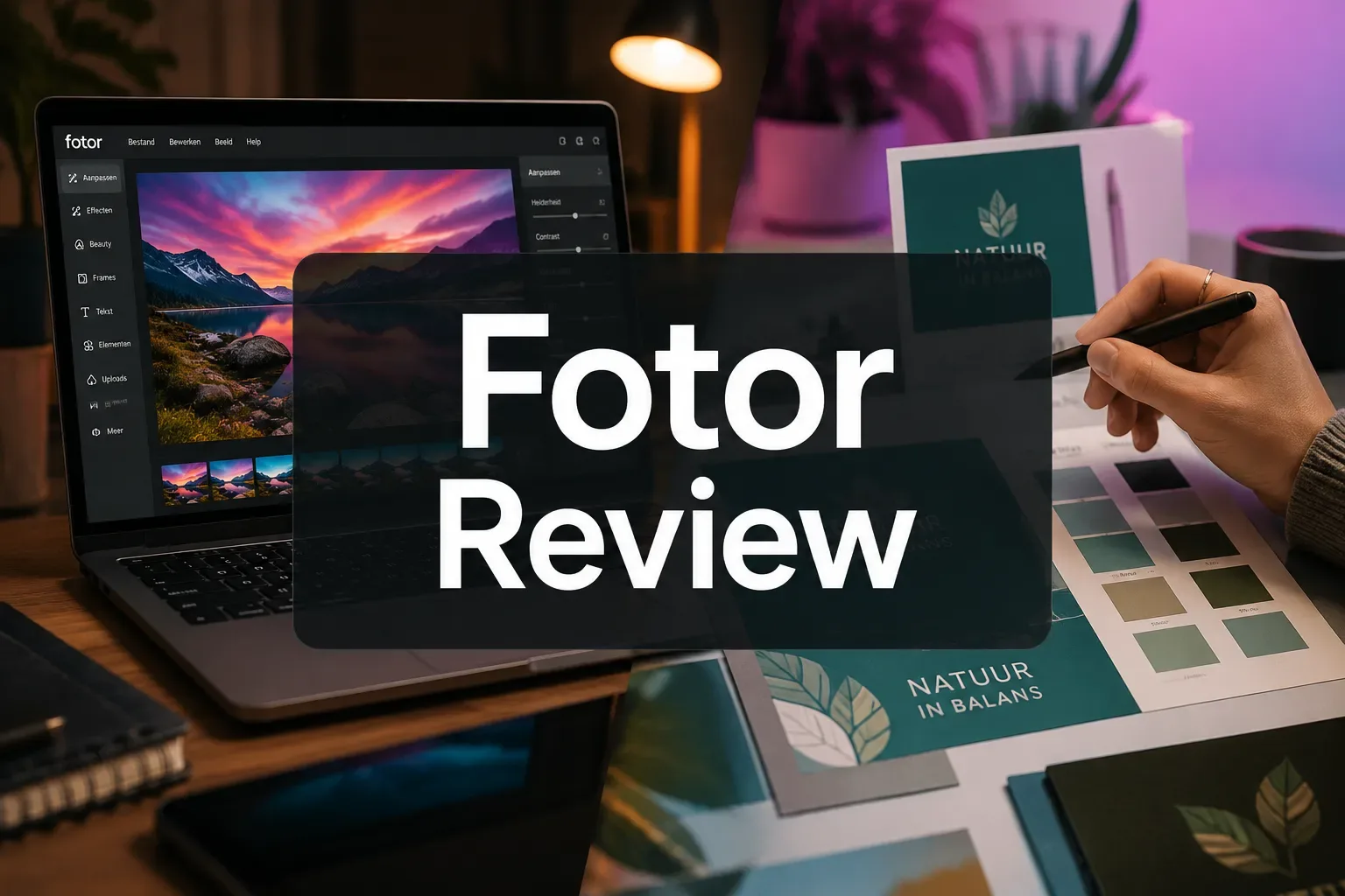 Laptop met een online foto-editor en ontwerptool op het scherm in een studio
