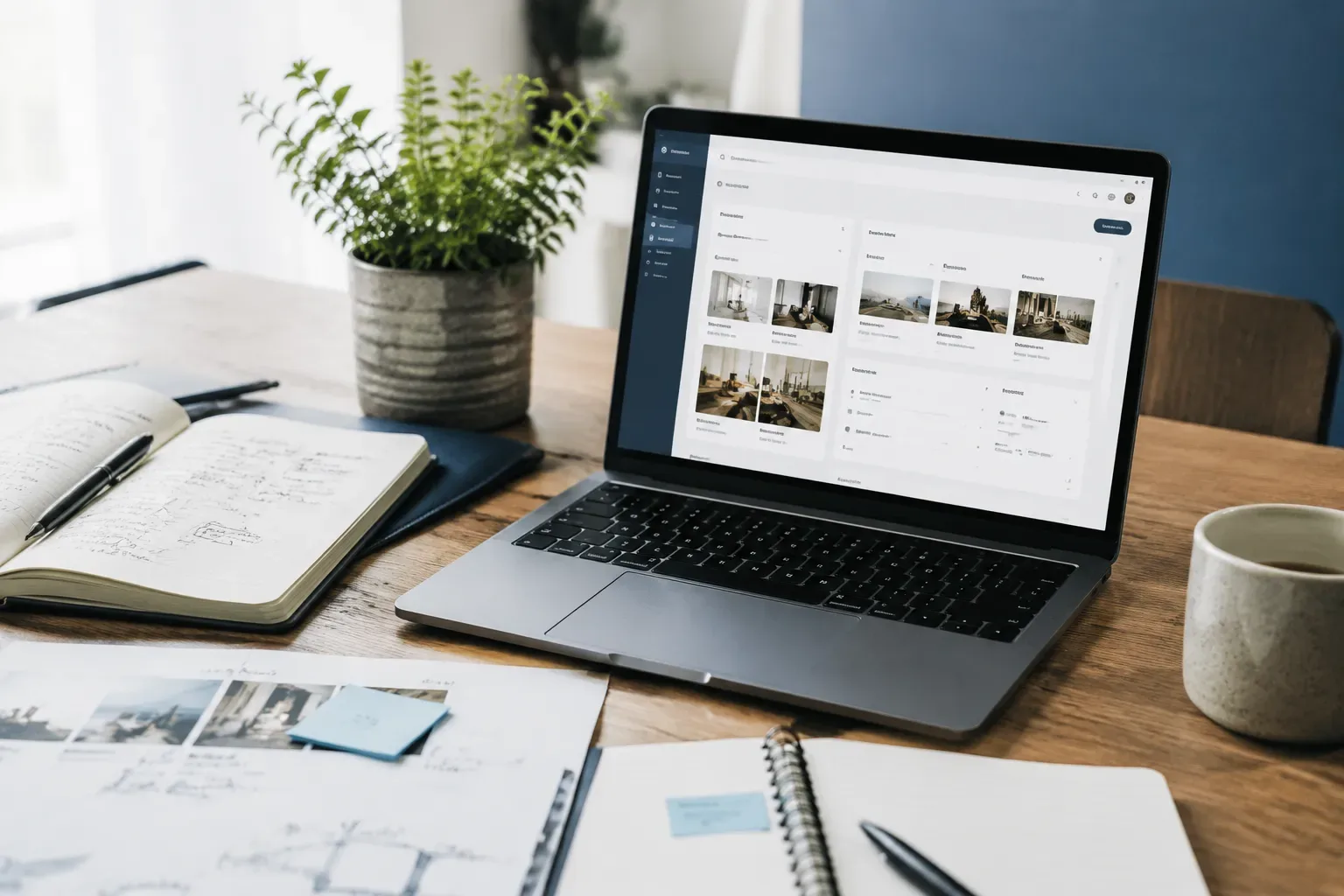 Laptop met een SEO-contenttool en researchbriefing op het scherm