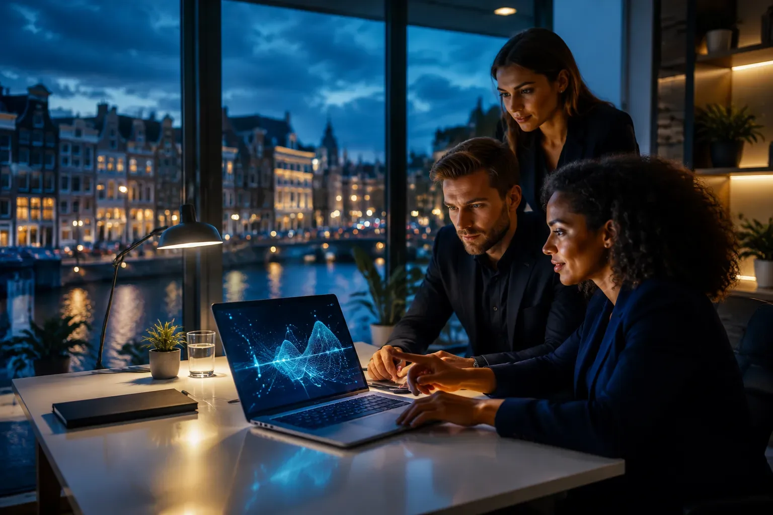 Laptop met een AI-assistent en datavisualisatie op een bureau in een modern kantoor