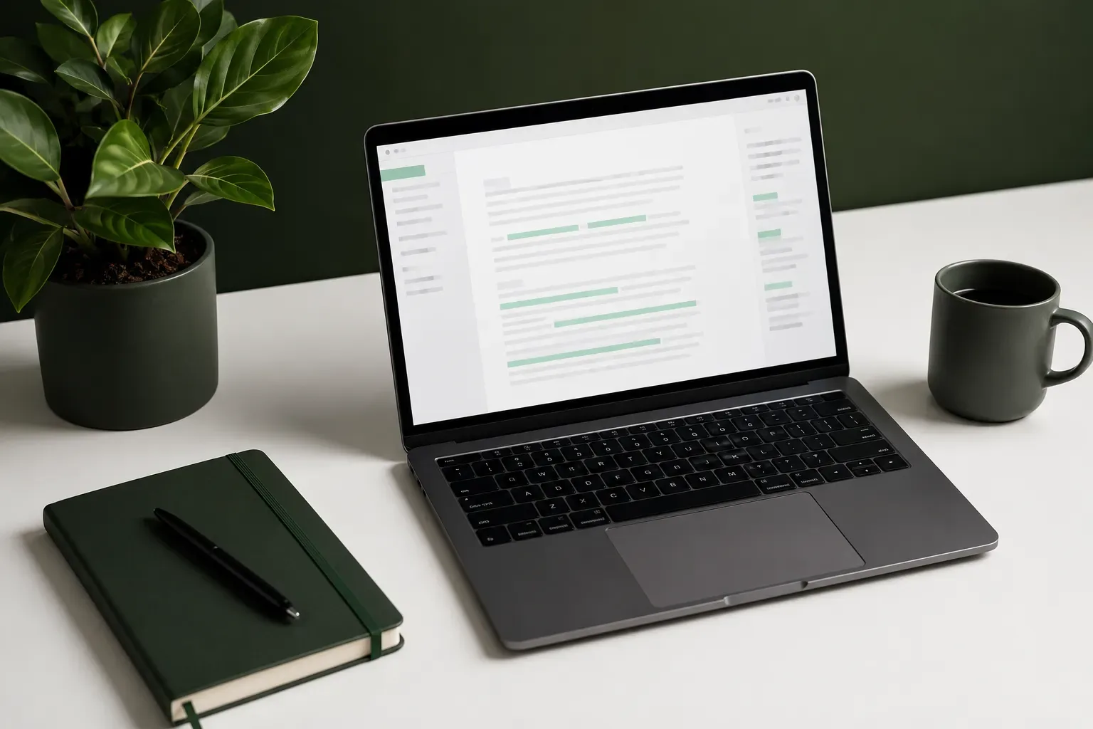 Laptop met een AI-schrijfassistent die tekst controleert op een bureau