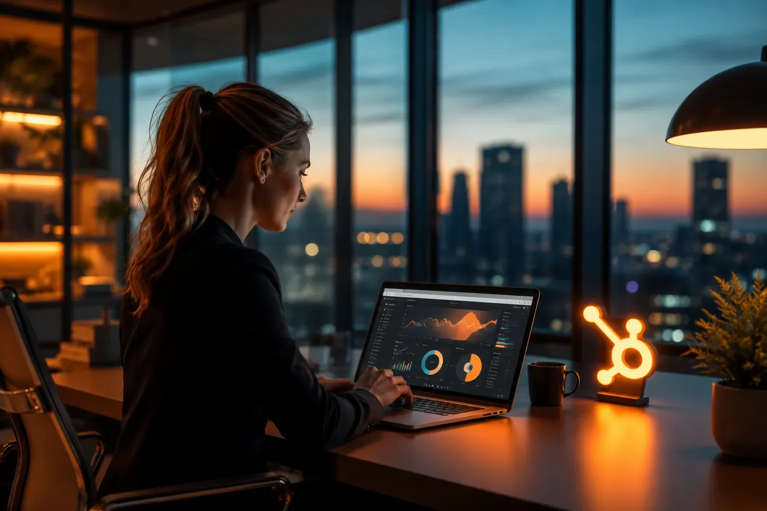 Laptop met een CRM-dashboard op een bureau in een modern kantoor