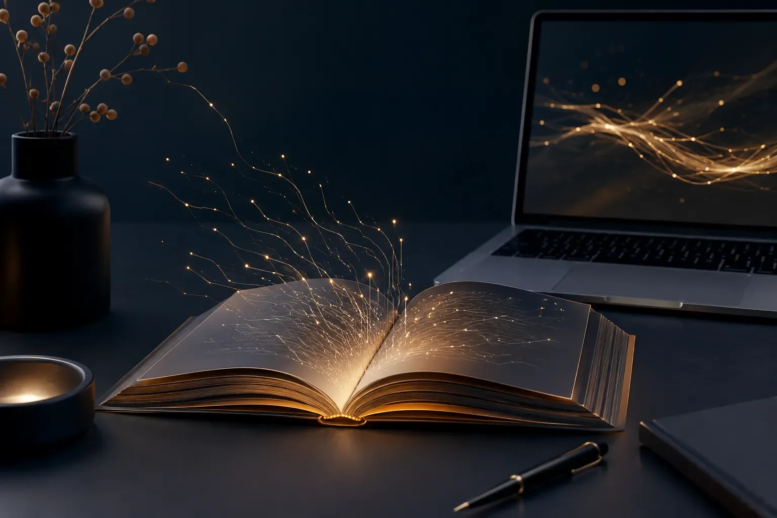 Opengeslagen boek waaruit lichtgevende digitale lijnen omhoog komen, symbool voor een e-book dat met AI is geschreven
