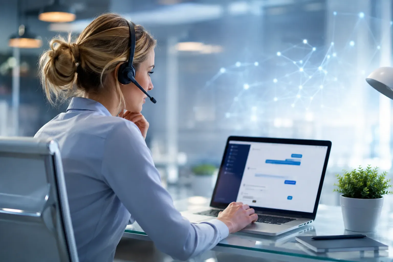 Klantenservicewerkplek met headset en scherm in een rustig kantoor