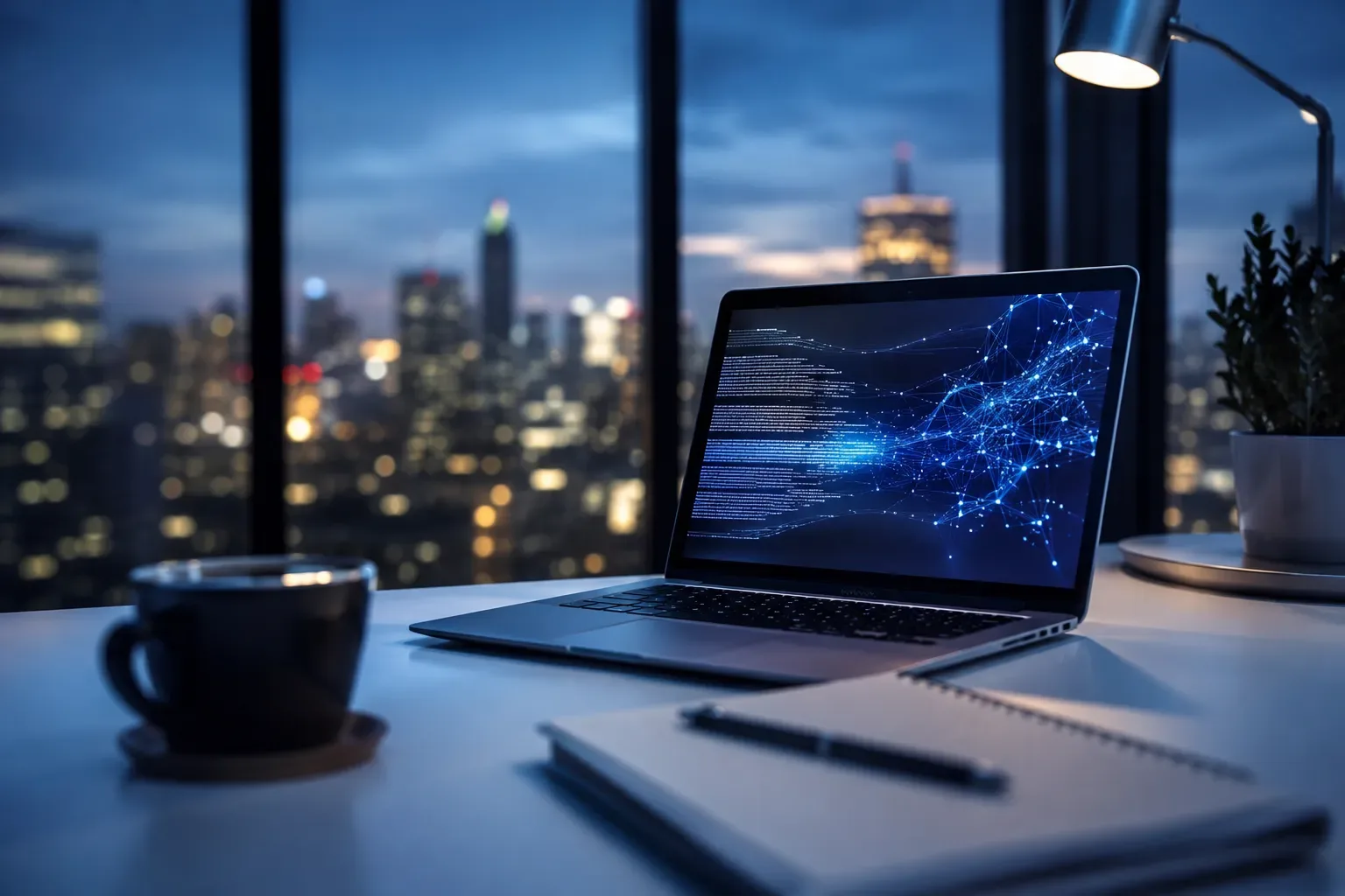 Laptop met een AI-contentplatform voor marketing op een bureau in een modern kantoor