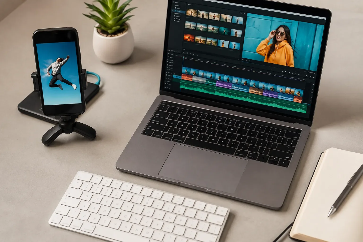 Kleine videomontagewerkplek met scherm, koptelefoon en camera
