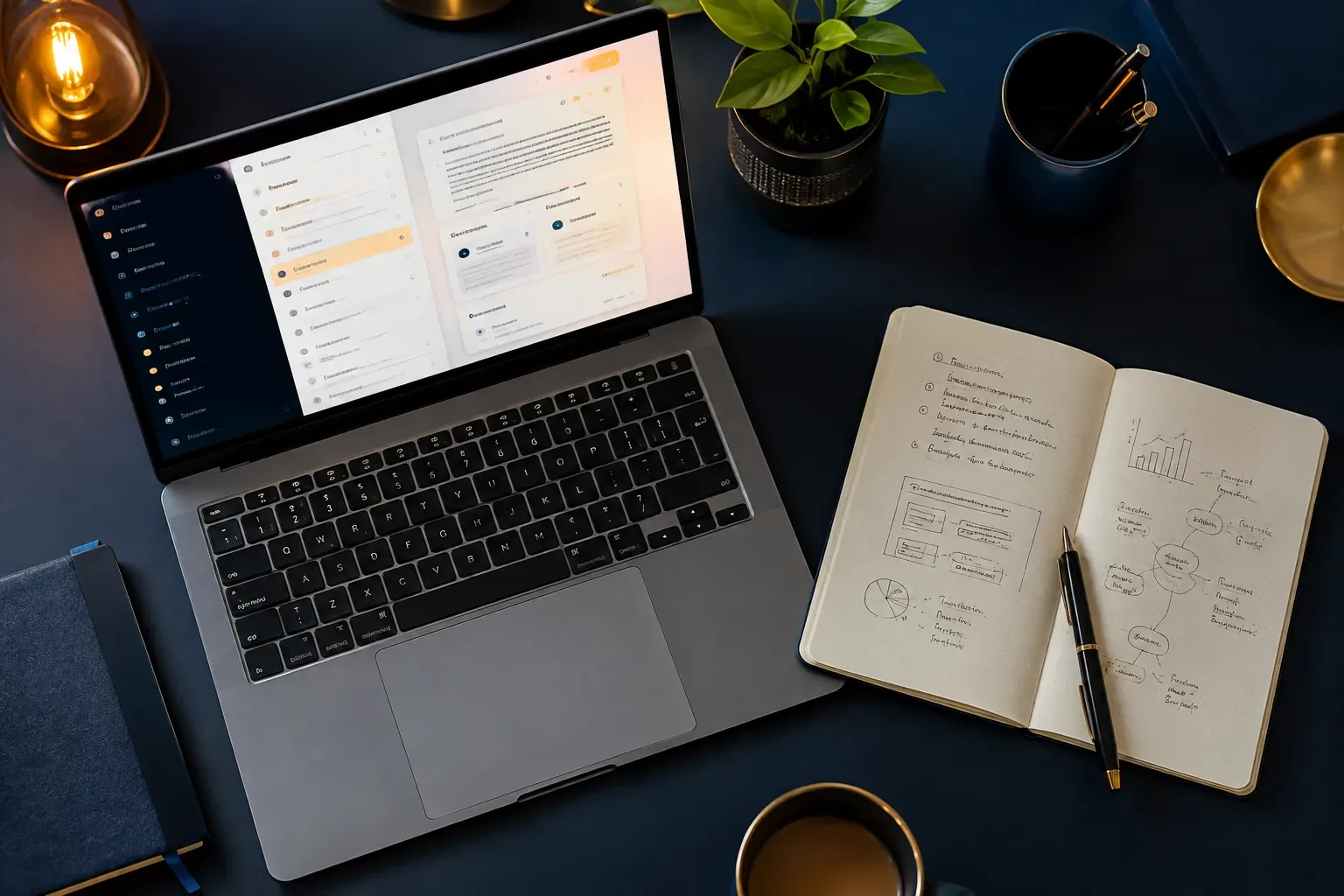 Bureau met een open notitieboek en handgeschreven schema, naast een scherm met digitale aantekeningen