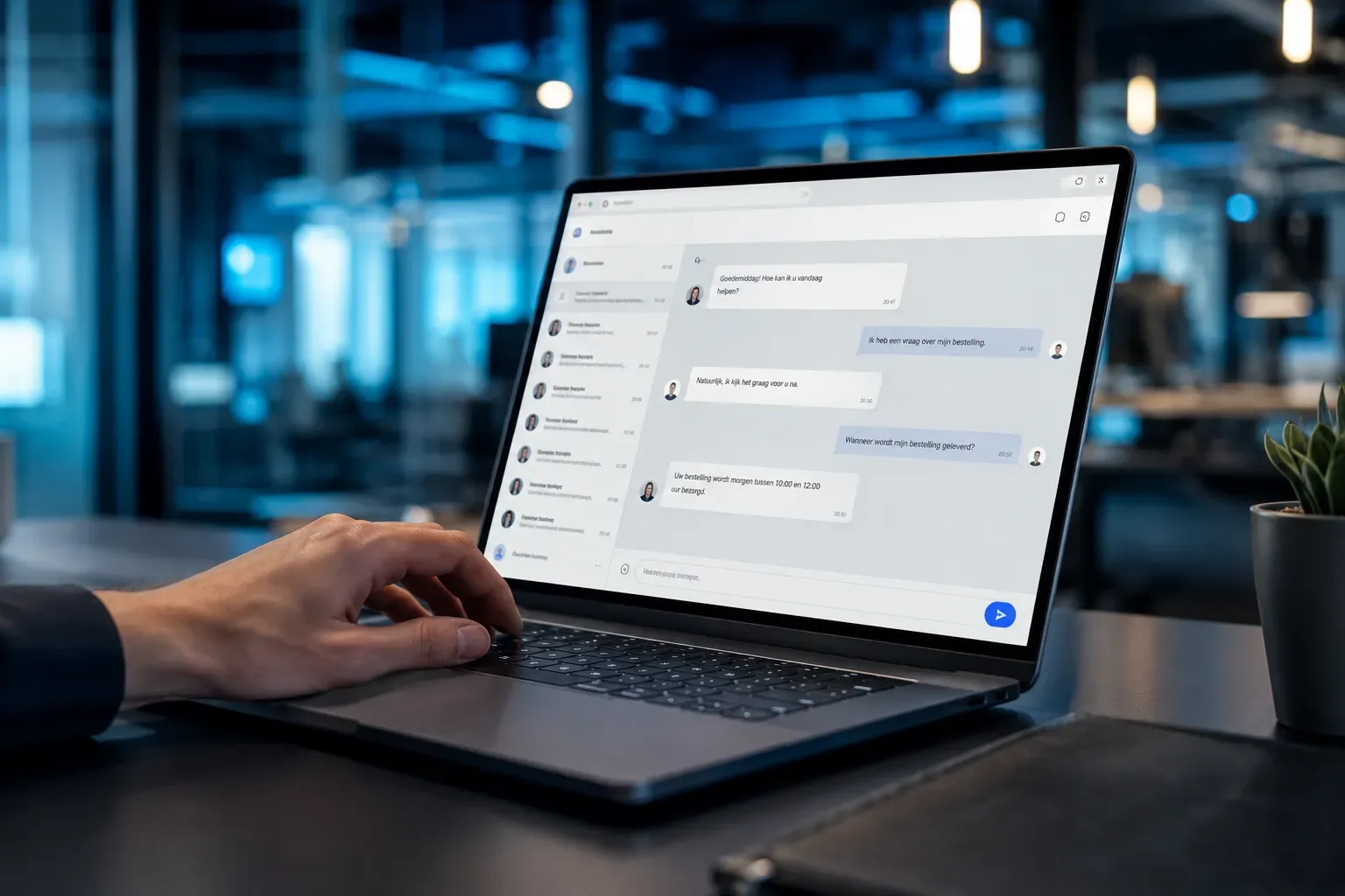 Laptop met een livechat-venster voor klantcontact op een website