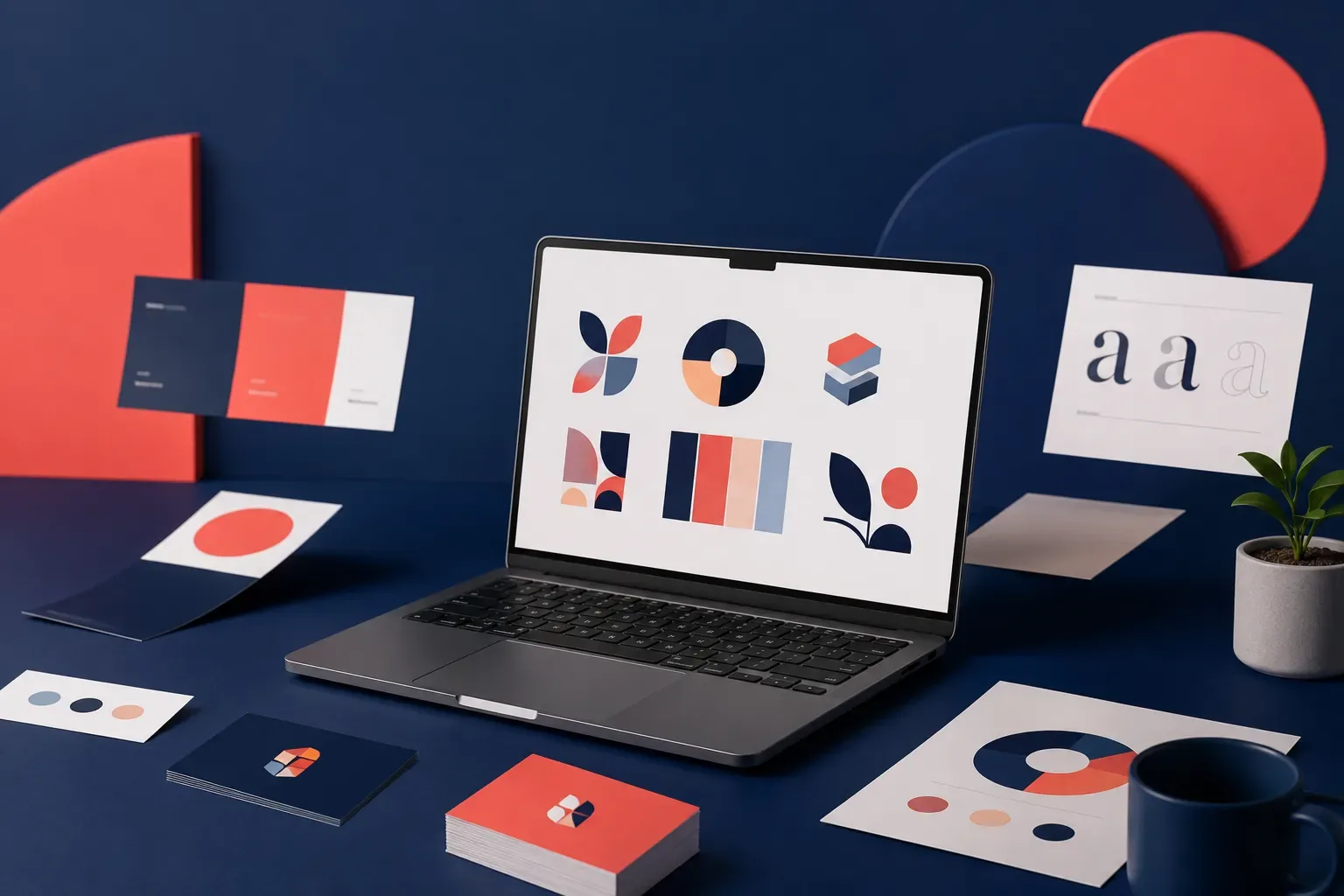 Scherm met gegenereerde logo-ontwerpen en huisstijlelementen in een studio