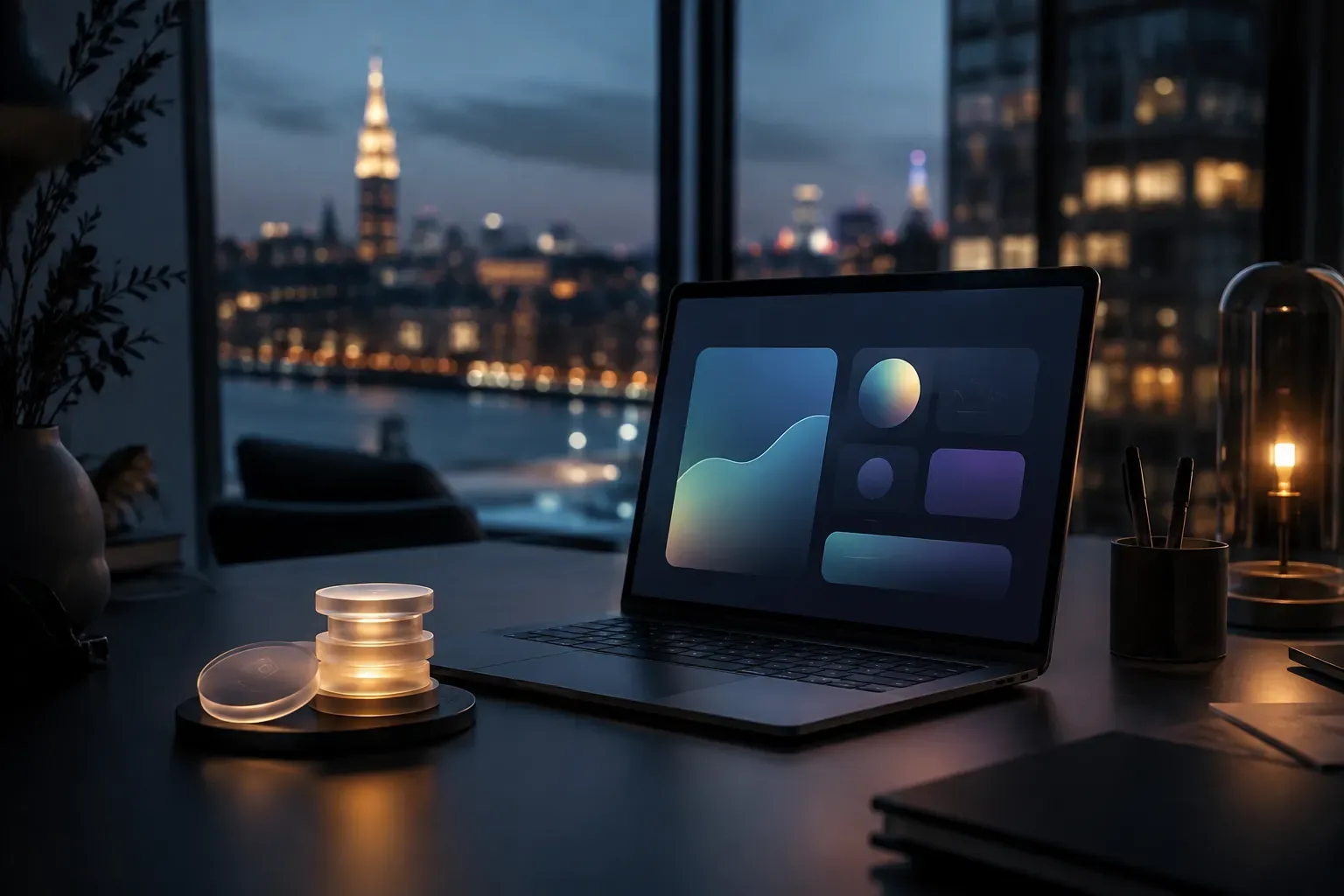 Scandinavische werkplek bij schemering met een laptop waarop een web-app in blokken wordt opgebouwd