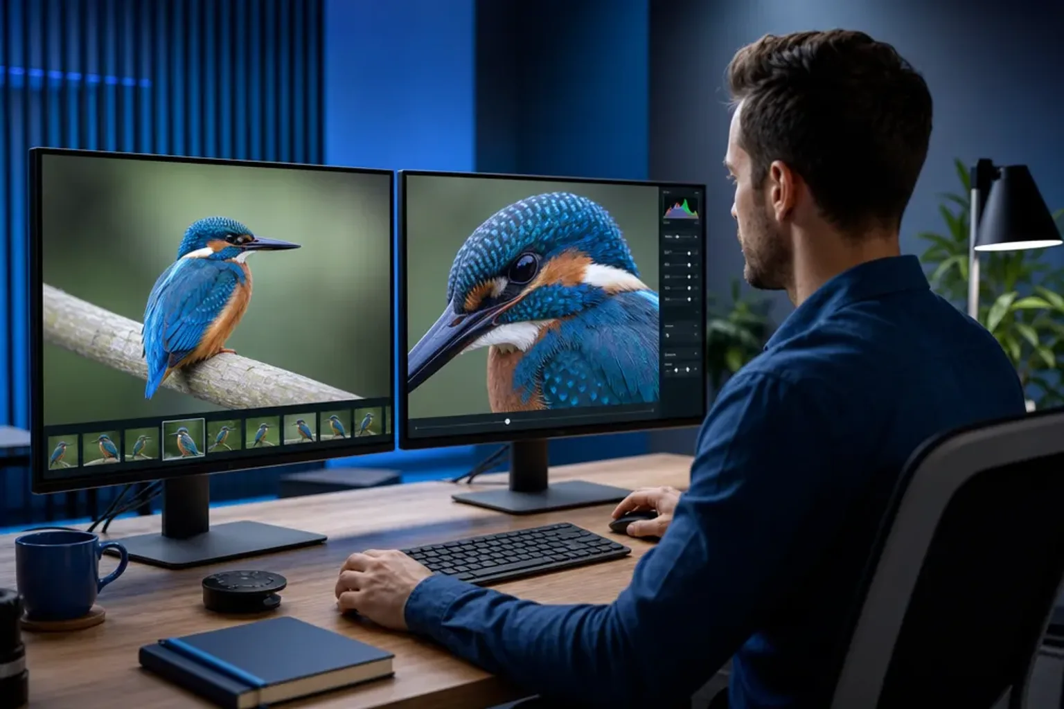 Studiomonitor met een uitsnede van een foto, links vaag en rechts haarscherp na vergroting
